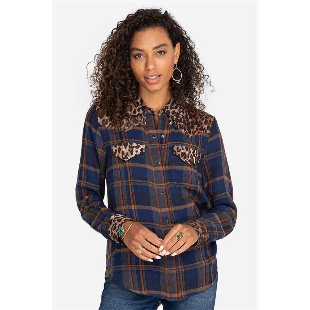 Johnny Was Workshop Leopard‎ Plaid Mix Western Button-Up Shirt XS Boho Flannel